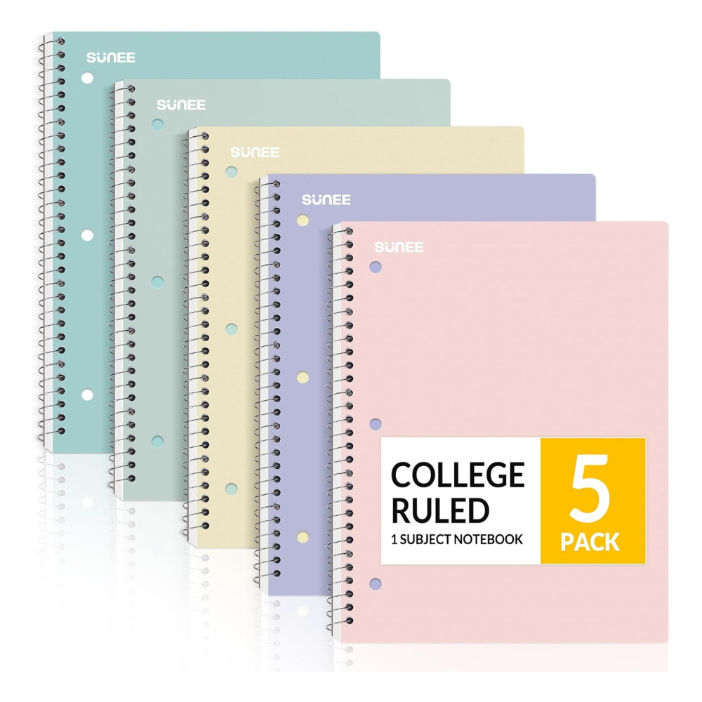 SUNEE Spiral Notebooks, 1-Subject, 5 Pack, College Ruled Paper