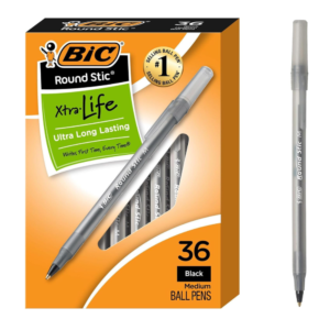 BIC Round Stic Xtra Life Black Ballpoint Pens, Medium Point