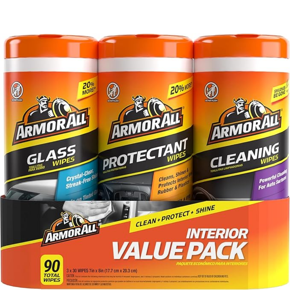 Armor All Protectant, Glass and Cleaning Wipes, Wipes for Car Interior and Car Exterior, 30 Count Each (Pack of 3)