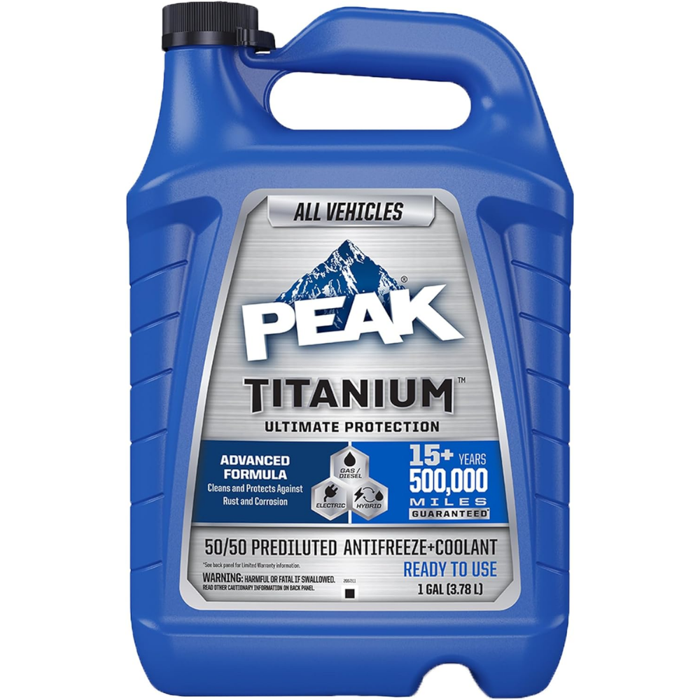 PEAK Titanium 50/50 Prediluted Antifreeze and Coolant for All Engine Cooling Systems, Long-Lasting Yellow Engine Coolant/Antifreeze for Lifetime Engine Protection in All Vehicles, 1 Gal.