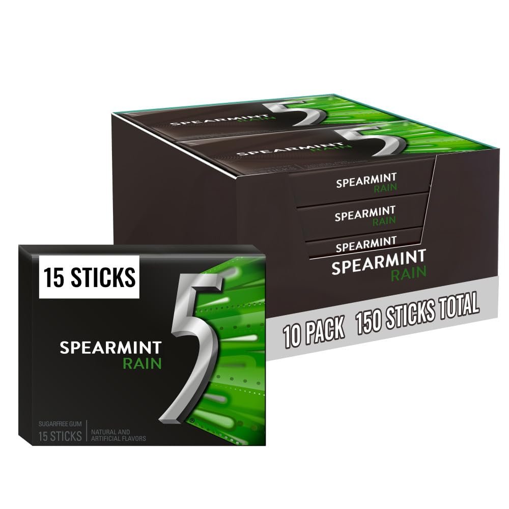 5 GUM Spearmint Rain Sugar Free Chewing Gum Bulk, Mini Purse Essentials, 15-Stick Box, Pack of 10