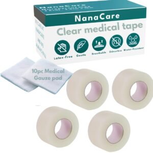 NanaCare Clear Medical Tape Waterproof, 4 Rolls - 1 inch x 10 yds + 10 pc Gauze Pads - Hypoallergenic Surgical Tape for Wound Care, Dressings & Face, First Aid Waterproof Bandage for Sensitive Skin