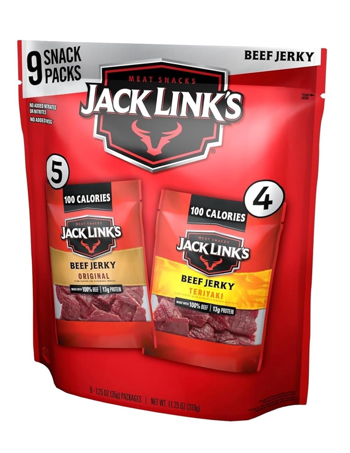 Jack Link's Beef Jerky Variety Pack - Original and Teriyaki, 9 Pack 1.25 oz Bag - Ready to Eat Protein Snacks - 13g