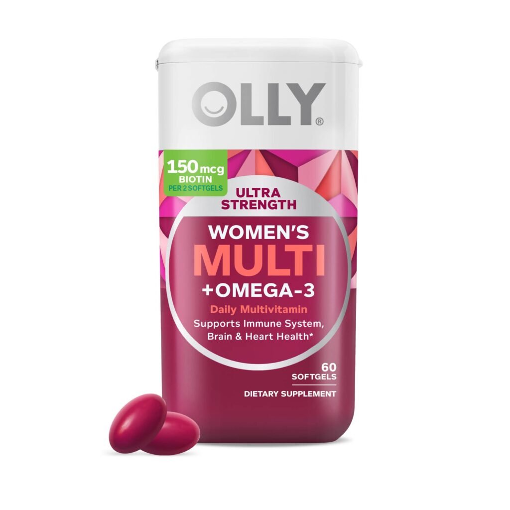 OLLY Ultra Strength Women's Multi Softgels, Overall Health and Immune Support, Omega-3s, Iron, Vitamins A, D, C, E, B12, Daily Multivitamin, 30 Day Supply - 60 Count