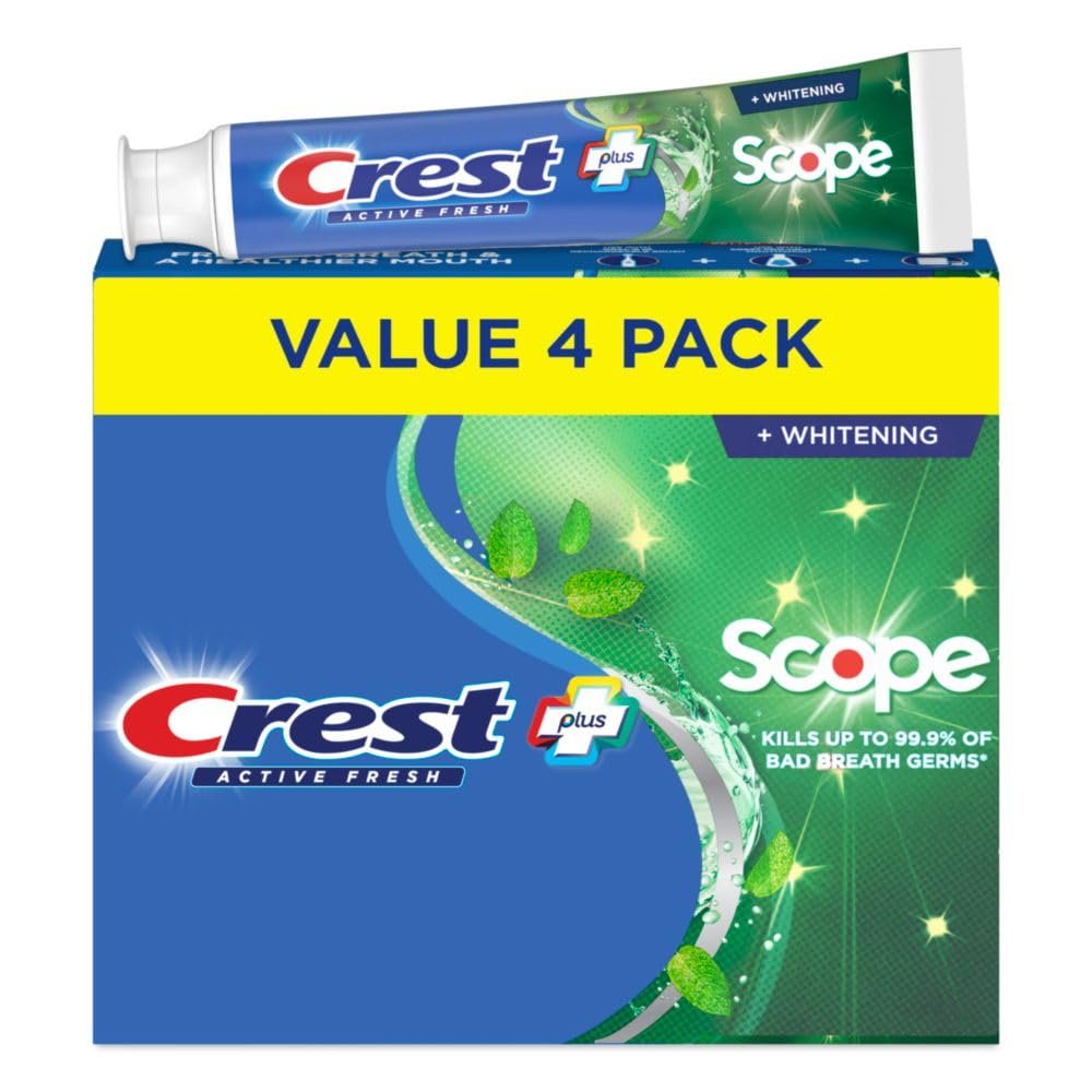 Scope, Active Fresh, Teeth Whitening Toothpaste for adults, 5.5oz 4 pack, Bad Breath Treatment, Breath Freshner, for Sensitive Teeth, Deep Stain remover, Travel Size Toiletries