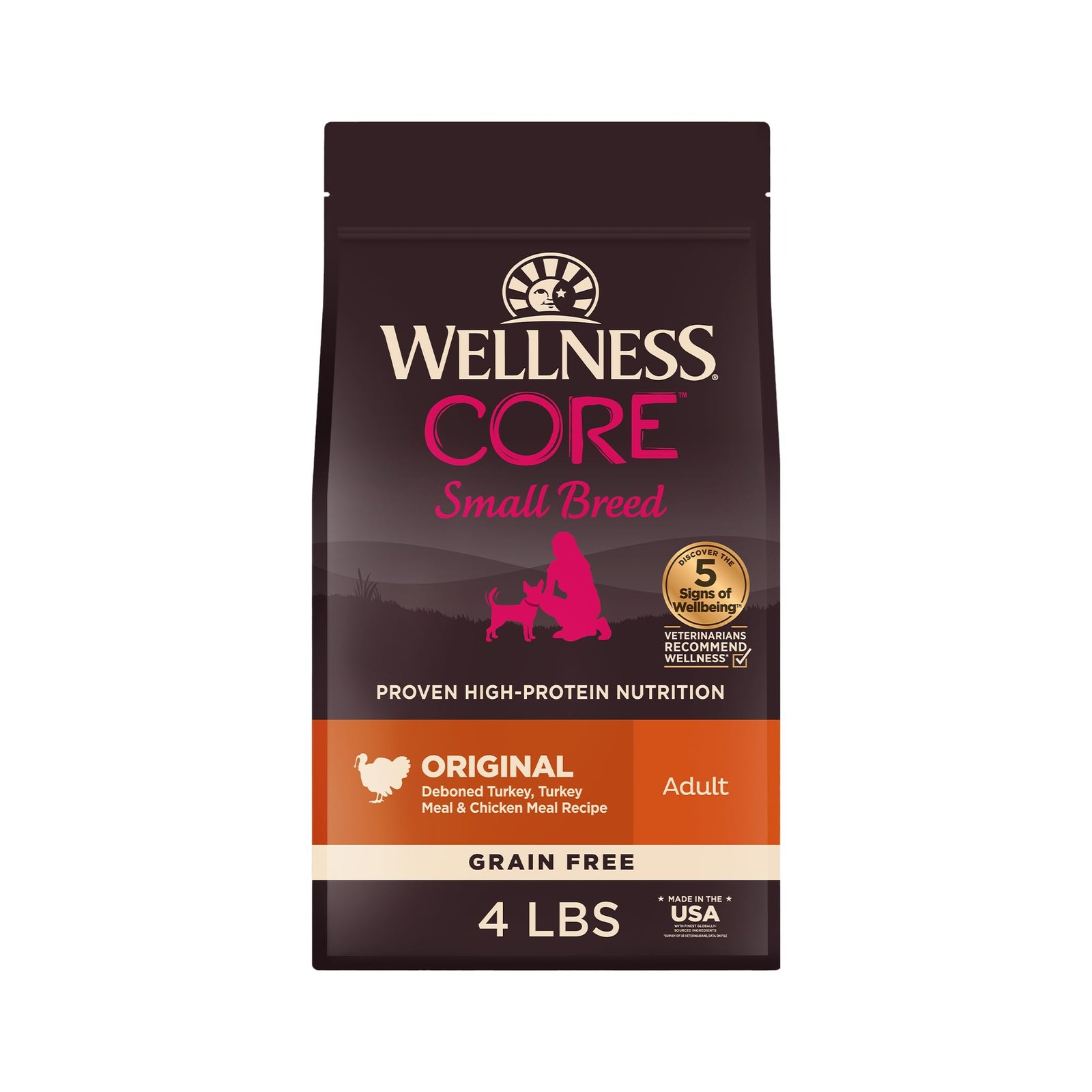 Wellness CORE Small Breed Adult Dry Dog Food Grain Free Kibble Natural High Protein Turkey and - 4 lb