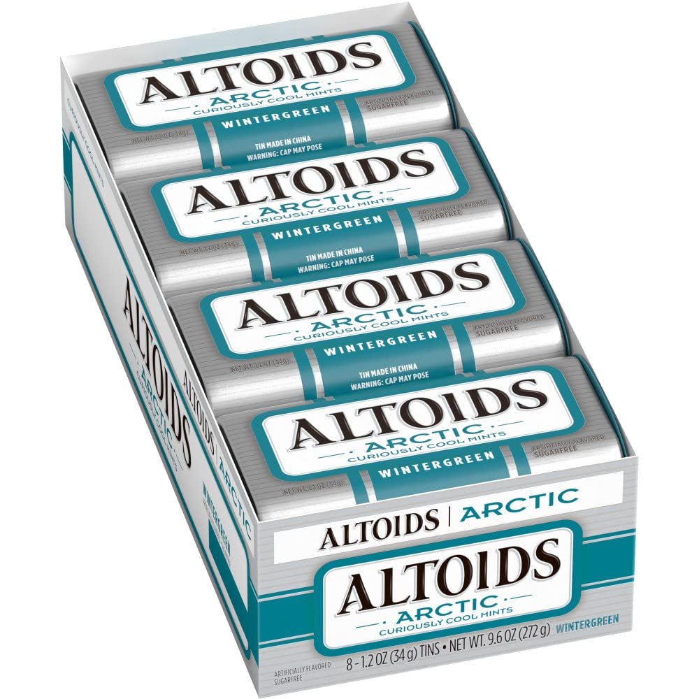 ALTOIDS Arctic Wintergreen Breath Mints Sugar Free Hard Candy Bulk, 1.2 oz Tin, 8 Pack