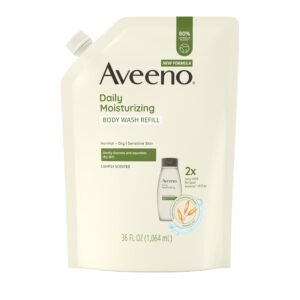 Aveeno Daily Moisturizing Body Wash for Sensitive Skin + Prebiotic Oat, Gently Cleanses, Nourishes & Feels Moisturizing Dry Skin, Light Fragrance, Refill Pouch, 36 fl. oz
