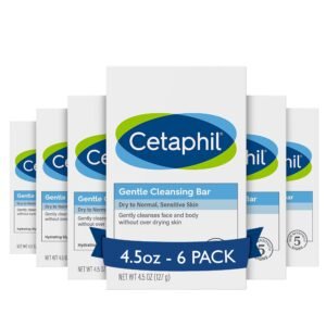 Cetaphil Gentle Cleansing Face and Body Bar, 4.5 oz Bar (Pack of 6), Nourishing Cleanser Bar For Dry, Sensitive Skin, Non-Comedogenic, (Packaging May Vary)
