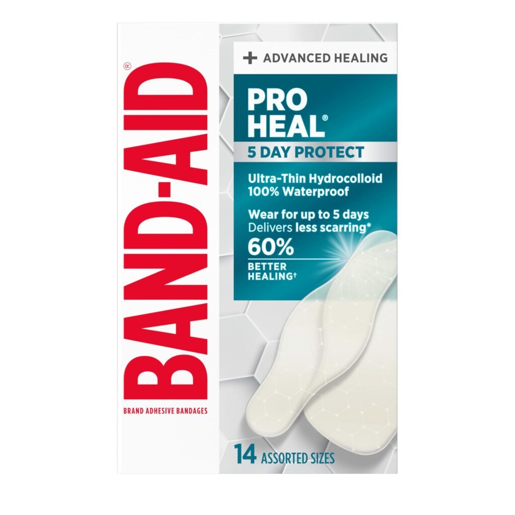 BAND-AID Brand Pro Heal 5 Day Protect, Ultra-Thin Hydrocolloid for Advanced Healing, 100% Waterproof First Aid Adhesive Bandages Provide Less Scarring Than Uncovered Wound, Assorted Sizes, 14 Count