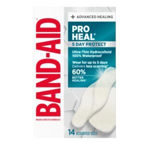 BAND-AID Brand Pro Heal 5 Day Protect, Ultra-Thin Hydrocolloid for Advanced Healing, 100% Waterproof First Aid Adhesive Bandages Provide Less Scarring Than Uncovered Wound, Assorted Sizes, 14 Count