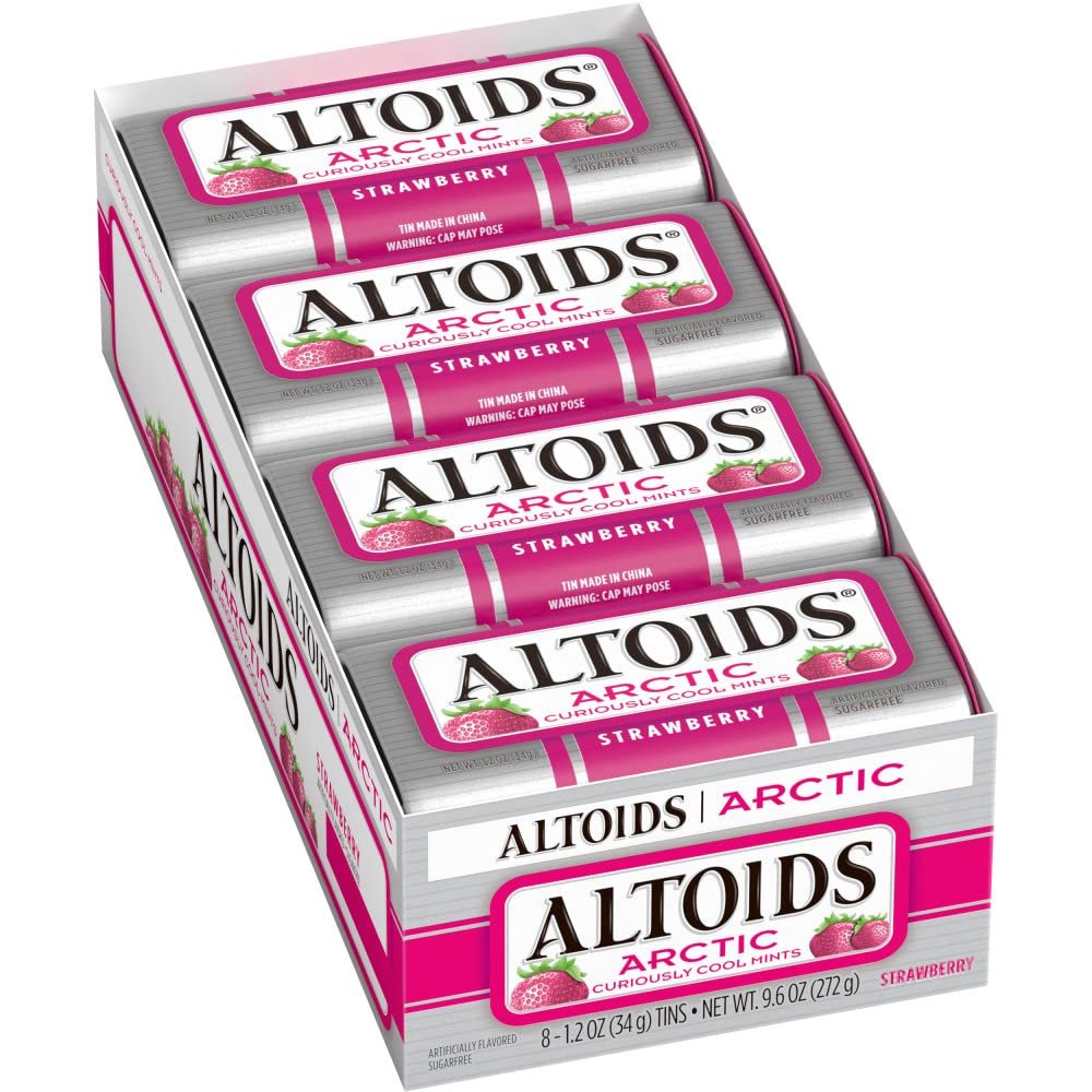 Arctic Strawberry Breath Mints, 1.2 oz Tins Bulk Size Pack of 8 for Travel Convenience and On-the-Go Refreshment