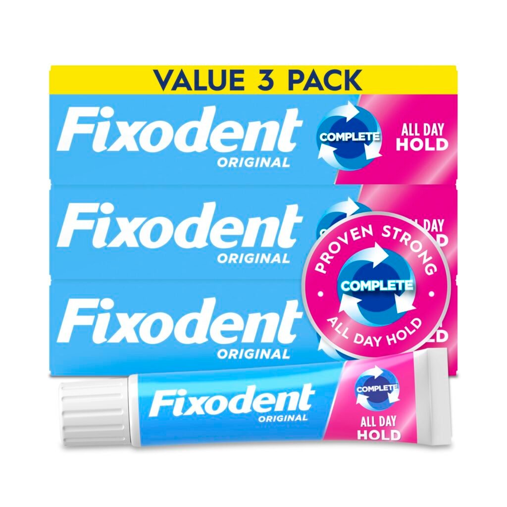 Fixodent Complete Denture Adhesive Cream, Original, 2.4 oz (3-Pack) – Strong False Teeth Glue, Secure Dental Adhesive for Full and Partial Plates, Packaging May Vary