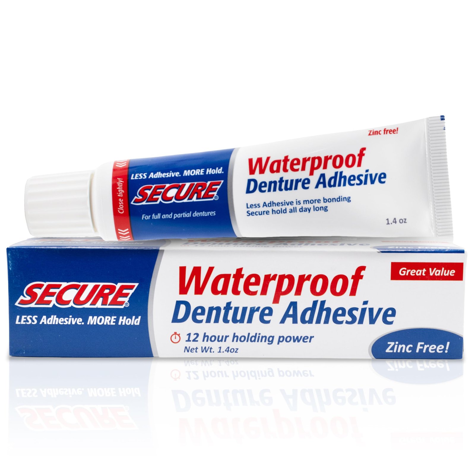Secure Denture Adhesive Cream for Uppers, Lowers & Partials – Waterproof Seal & Zinc Free – Food Grade Ingredients - Less Adhesive, More Hold - Tube Lasts Up to 8 Weeks - 1.4 oz