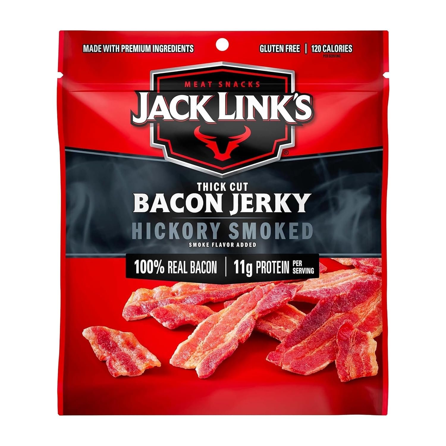 Jack Link's Hickory Smoked Bacon Jerky - 2.5 oz Bag - Ready to Eat Real Meat Protein Snacks - 11g Protein per Serving