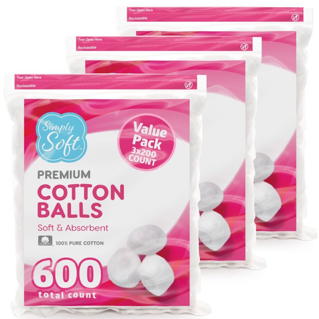 Simply Soft Premium Cotton Balls (600 Count), 100% Pure Cotton, Large Cotton Balls for Face and Nail Polish Remover