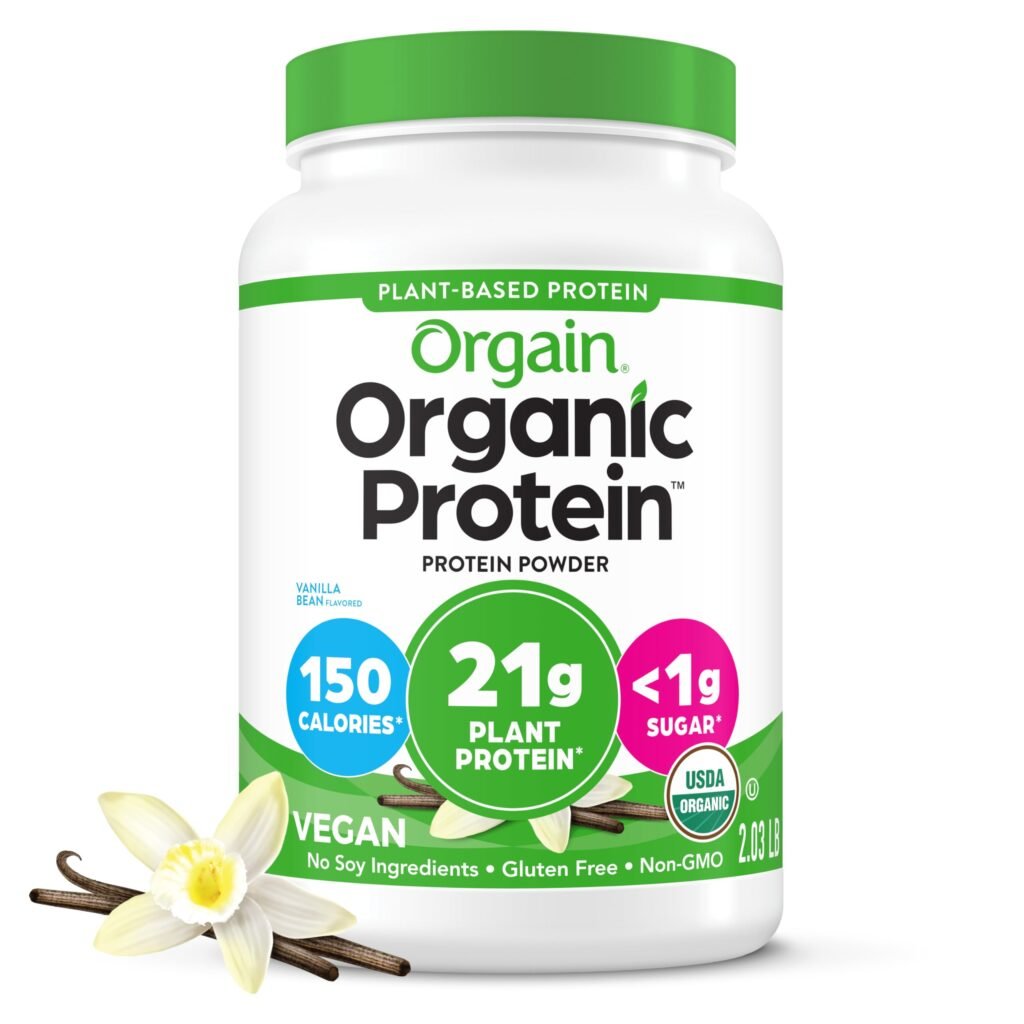 Orgain Organic Vegan Protein Powder, Vanilla Bean - 21g Plant Protein, 6g Prebiotic Fiber, No Lactose Ingredients, No Added Sugar, Non-GMO, for Shakes & Smoothies, 2.03 lb (Packaging May Vary)