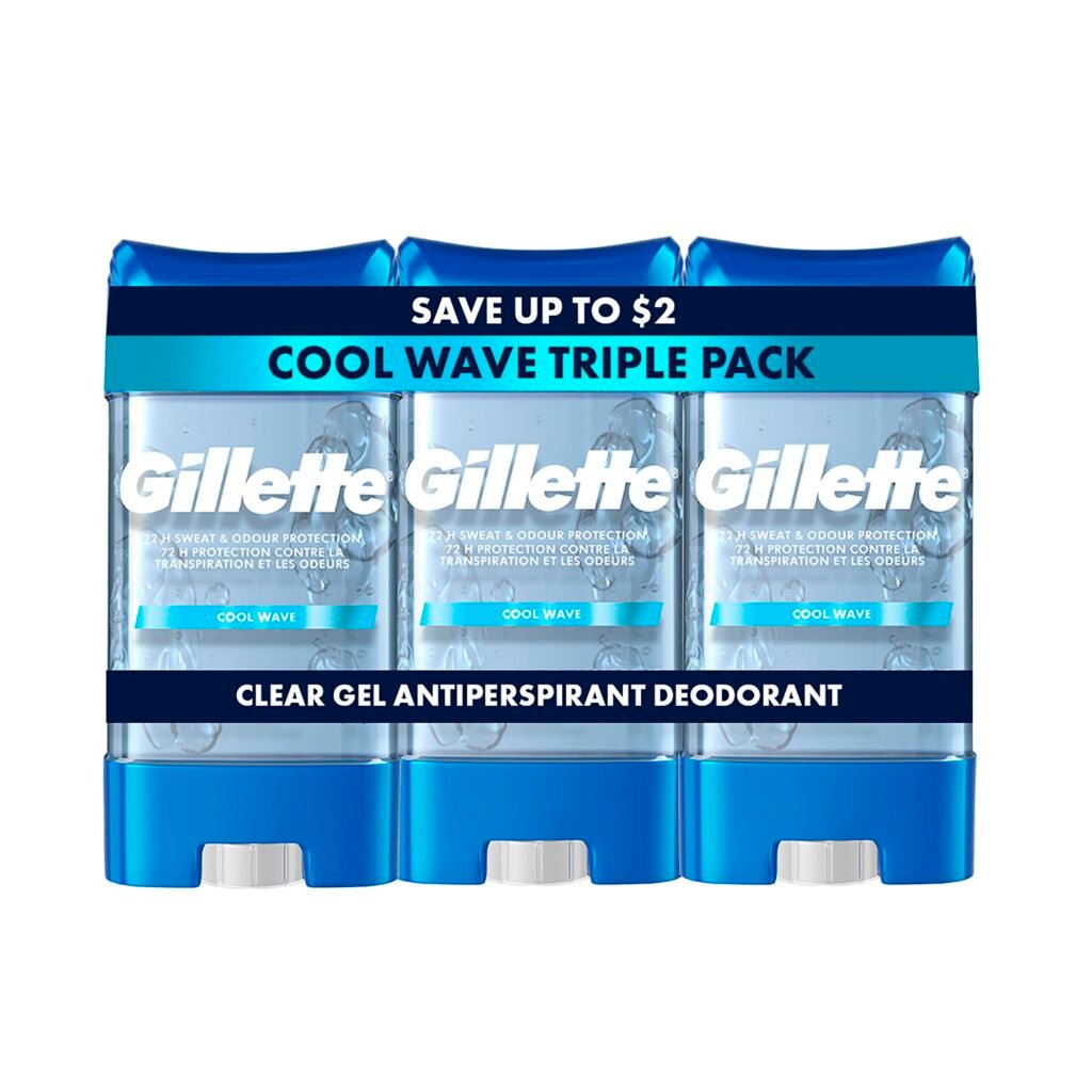 Gillette Antiperspirant and Deodorant for Men, 72hr Sweat & Odor Protection, Long Lasting Freshness, Anti-White Mark Technology, Clear Gel, Cool Wave Scent, 3.8 oz (Pack of 3)