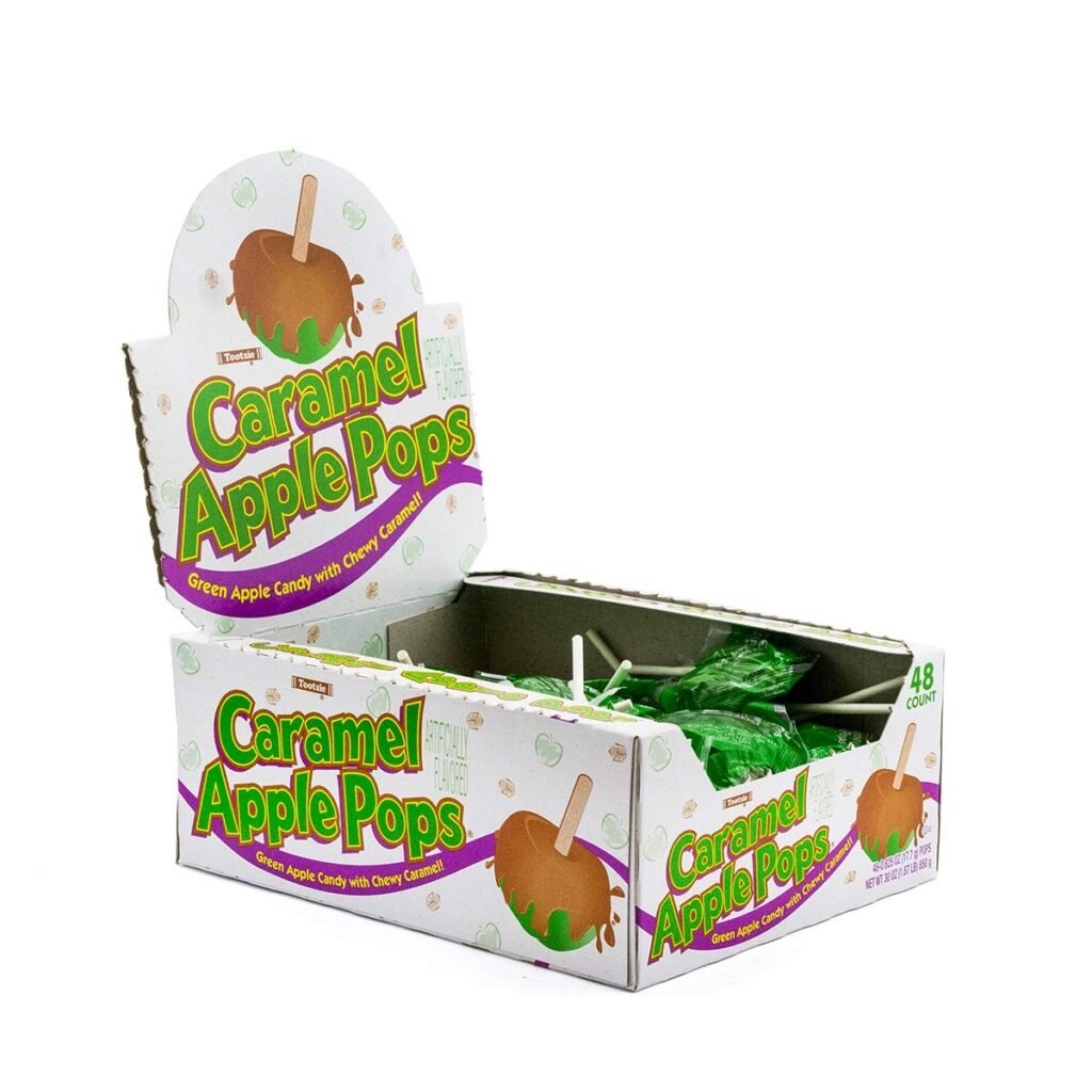 Caramel Apple Pops – Caramel Covered Green Apple Candy Lollipops – Bulk Gluten Free Candy – 1 Display Box Package – 48 Ct