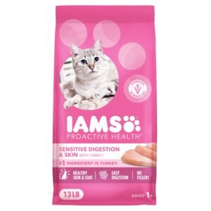 IAMS Proactive Health Sensitive Digestion & Skin Dry Cat Food, Adult Dry Cat Food with Real - 13 lb