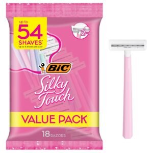 BIC Silky Touch Women's Disposable 2-Blade Razors, Travel Covers, College Dorm Room Essential, Toiletry Bag and Shower Caddy Staple, 18-Pack