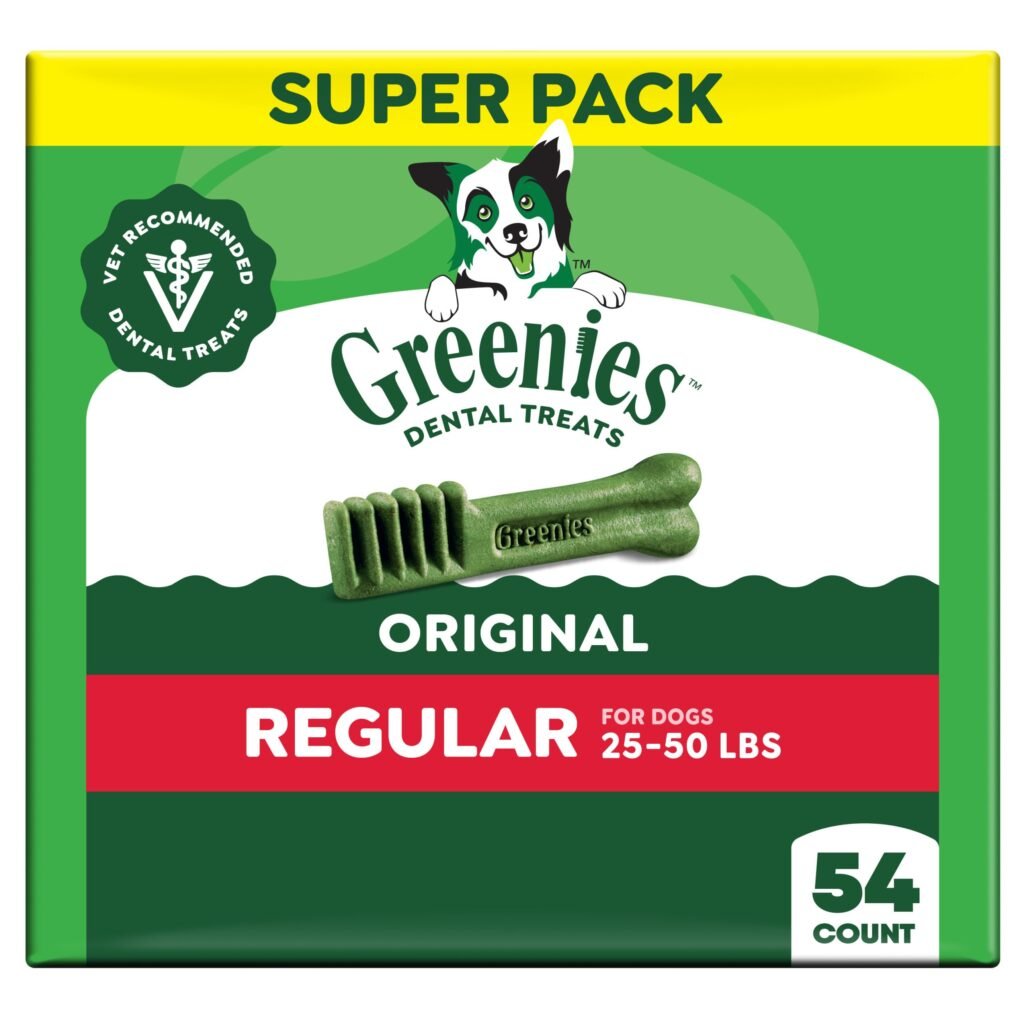 Greenies Veterinarian-Recommended Adult Natural Dental Dog Treats Regular Size, Dog Dental Chews, Original Flavor - 54 oz | Pack of 54