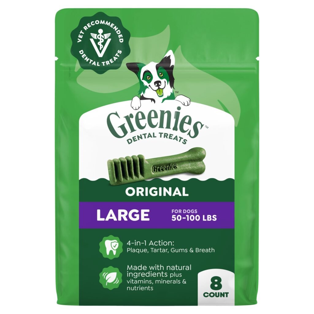 Greenies Veterinarian-Recommended Adult Natural Dental Dog Treats Large Size Dog Dental Chews Original Flavor Pack - 12 oz | Pack of 8
