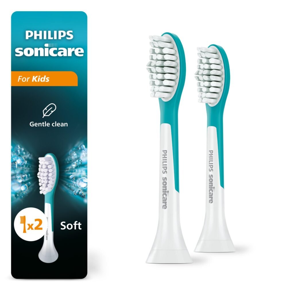 Philips Sonicare for Kids 7+ Genuine Replacement Toothbrush Heads, 2 Brush Heads, Turquoise and White, Standard, HX6042/94