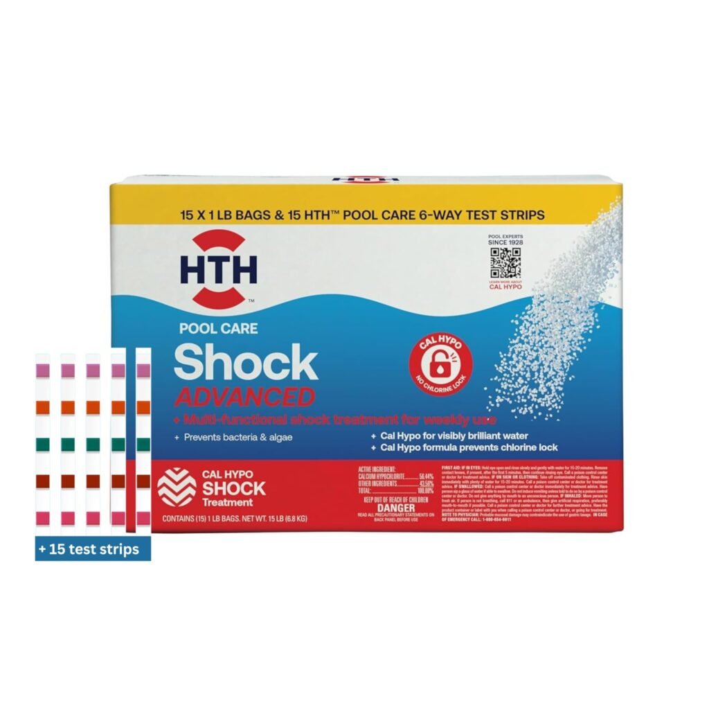 HTH 52046 Pool Care Shock Advanced, Swimming Pool Chemical - Cal Hypo Formula, Prevents Bacteria & Algae, Restores Crystal Clear Water - Shock Treatment, 1lb (15 Pack) + 15 HTH Pool Care Test Strips