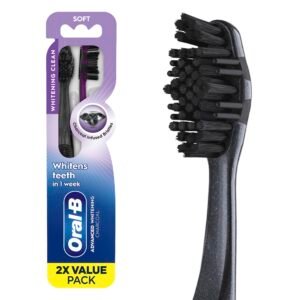 Oral-B 3D White Charcoal Toothbrush, 2 Count Soft Manual tootbrush Pack, Whitens Teeth, removes Plaque and Stains, Tongue Scraper Tooth Brush