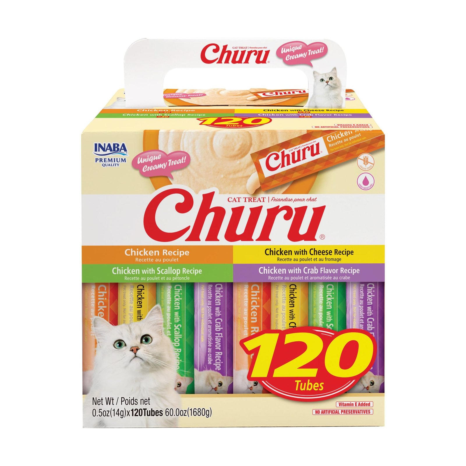 Churu INABA Churu Cat Treats, Lickable, Squeezable Creamy Purée with Vitamin E - 0.5 Ounces | Pack of 120