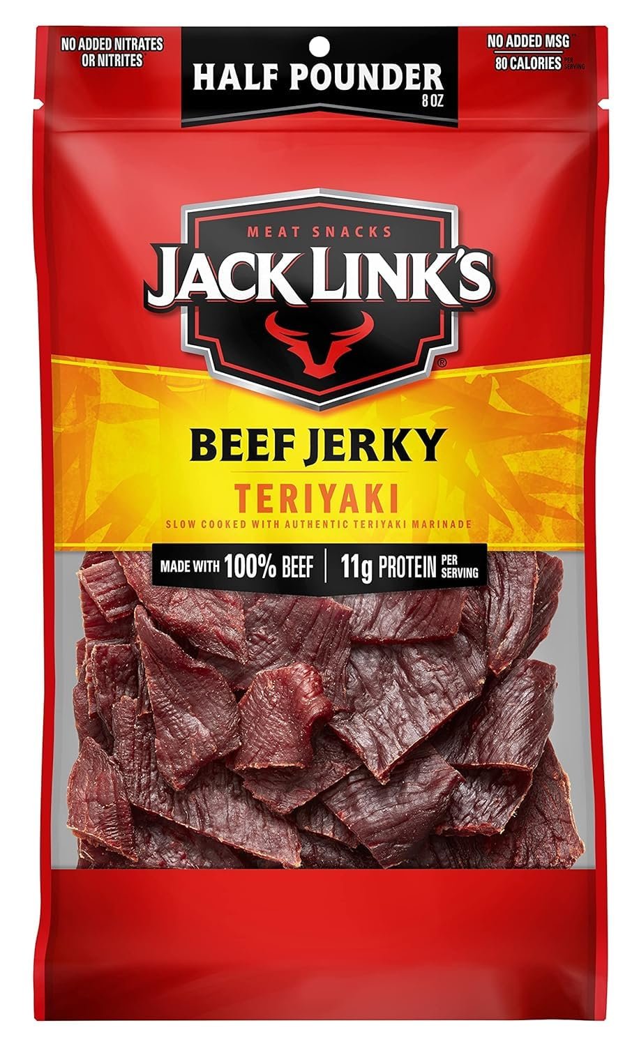 Jack Link's Teriyaki Beef Jerky Half Pounder - 8 oz Large Jerky Bag - Ready to Eat Real Meat Protein Snacks - 11g Protein