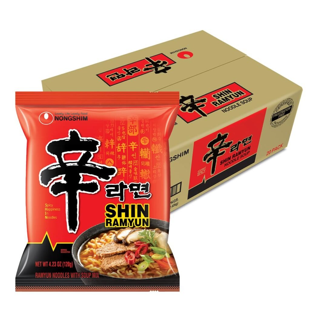 Nongshim Shin Ramyun Noodles, Spicy Korean Signature Instant Ramyun, Rich Beef Flavored Broth, 4.23 oz, Pack of 20