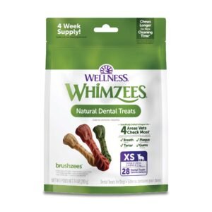 Wellness WHIMZEES Daily Brushzees Natural Dog Dental Treat VOHC Accepted Chews Freshens Breath Extra-Small Size - 7.4 oz | Pack of 28