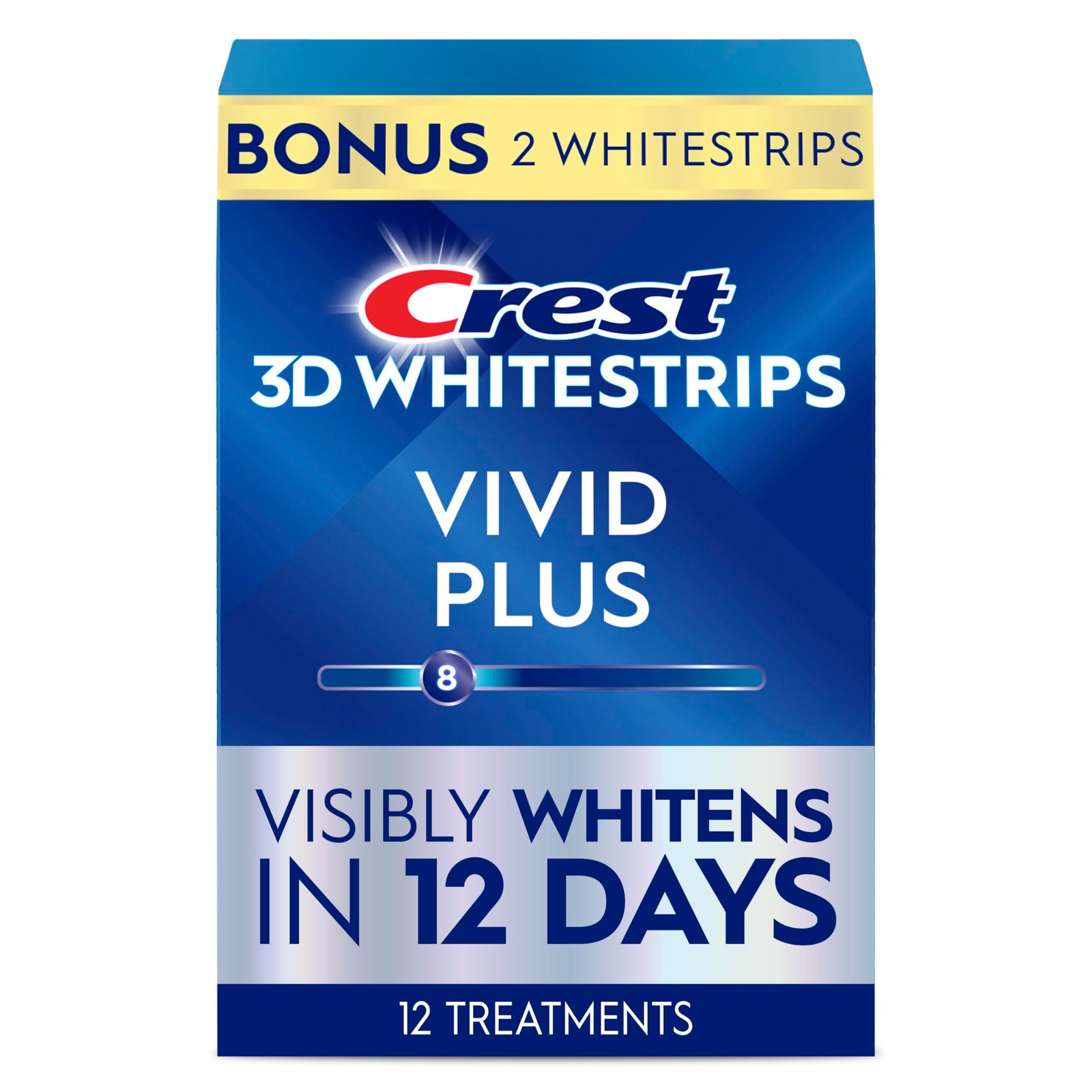 3D Whitestrips Vivid Plus, Teeth Whitening Strip Kit, 10 Treatments + 2 Bonus Treatments (Each with 1 Upper/1 Lower Strip), 24 Strips, 8 Levels Whiter, Teeth Whitening Kit