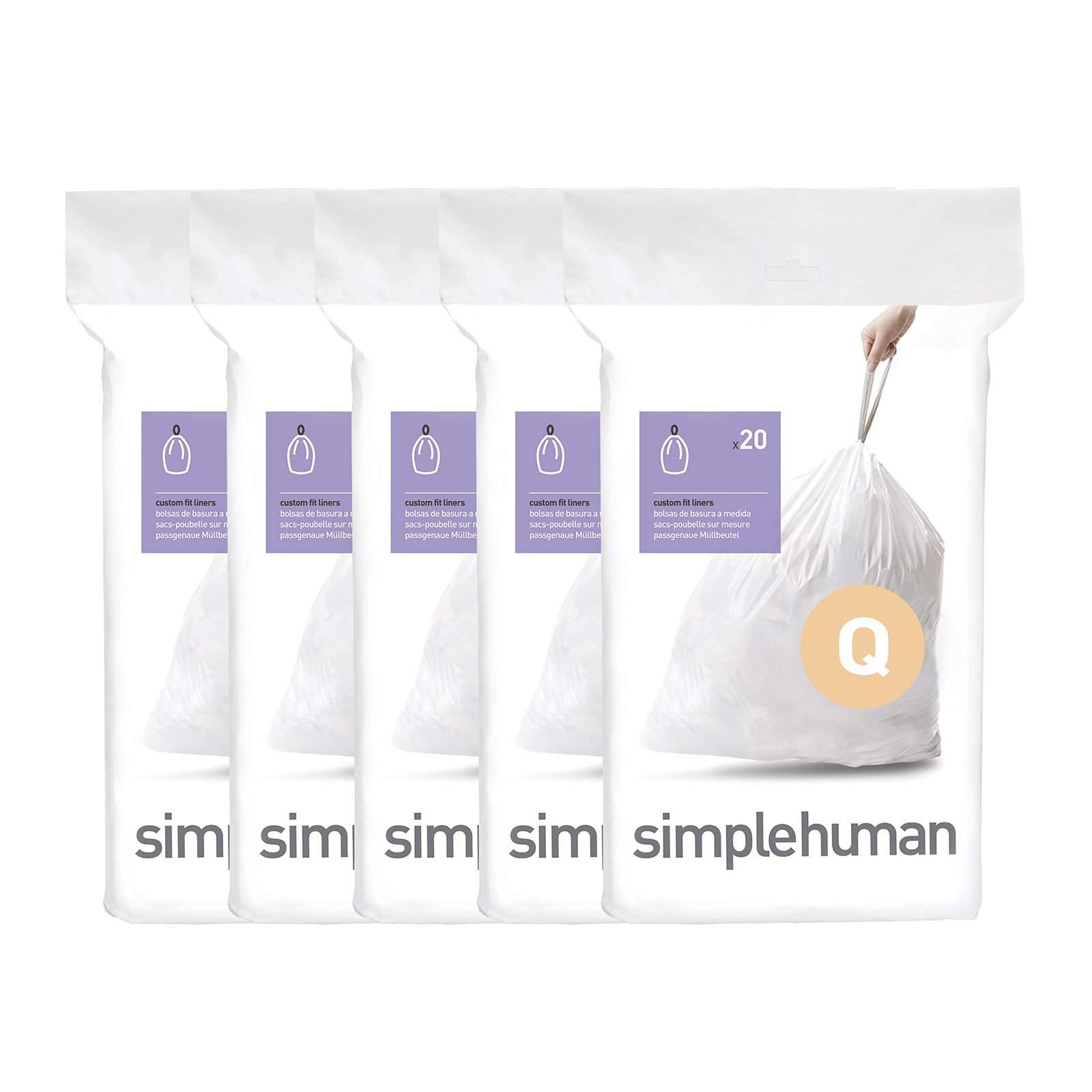 simplehuman Code Q 100 Count Custom Fit Liners, White, 65 Liter