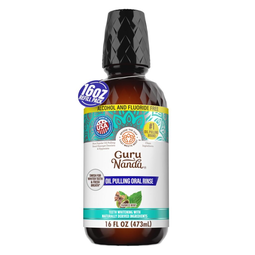 GuruNanda Farmed Mint Oil Pulling Mouthwash for Complete Oral Hygiene, 7 Essential Oils & Vitamins for Happy Teeth & Gums & Fresh Breath, Alcohol-Free, 16 oz