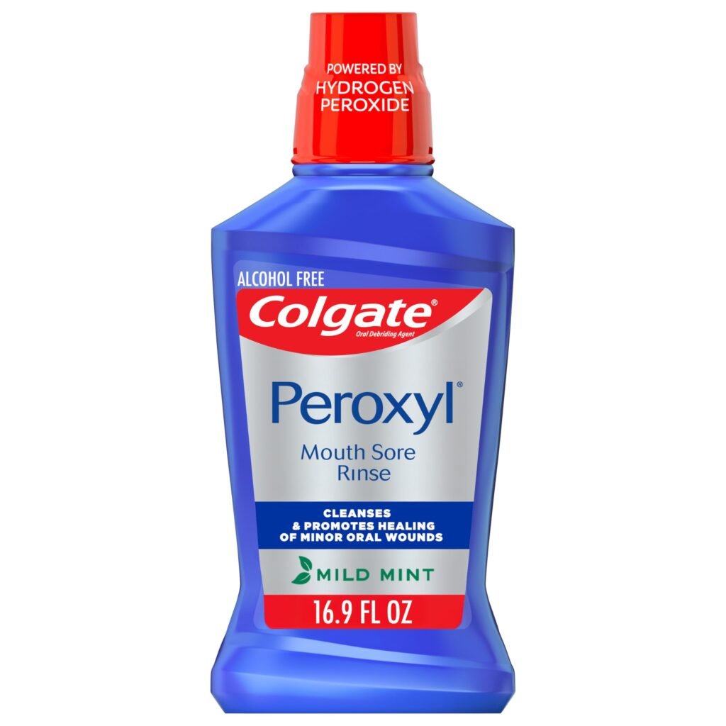 Colgate Peroxyl Alcohol Free Mouthwash with 1.5% Hydrogen Peroxide, Mouth Sore Rinse for Canker Sores, Oral Irritations, and Burns, Mild Mint, 16.9 fl oz Bottle