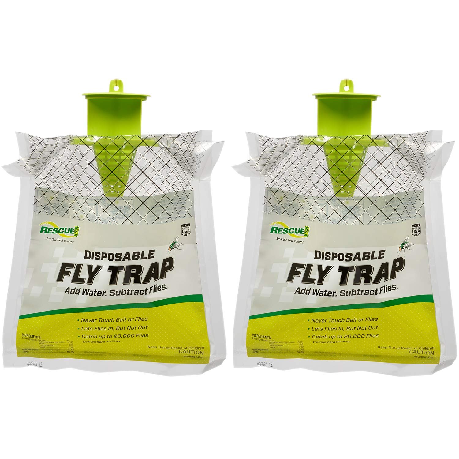 RESCUE! Outdoor Disposable Fly Trap – Hanging Fly Catcher with Attractant Bait, 2 Traps