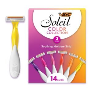 BIC Soleil 3 Colors Women's Disposable 3-Blade Razors, Aloe Vera Strip, College Dorm Room Essential, Shower Caddy and Toiletry Bag Ready, 14-Pack