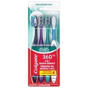 Colgate 360 Whole Mouth Toothbrush, Adult Toothbrushes Medium Bristles, Helps Remove Bad Breath Bacteria and Plaque, Medium Toothbrush Pack, Includes Cheek and Tongue Cleaner, 4 Pack