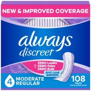 Always Discreet Adult Incontinence Pads for Women, Drier, 4 Drop Regular Length, Moderate Absorbency, Pads for Bladder Control Management, Bladder Leaks, & Postpartum Pads, 108ct