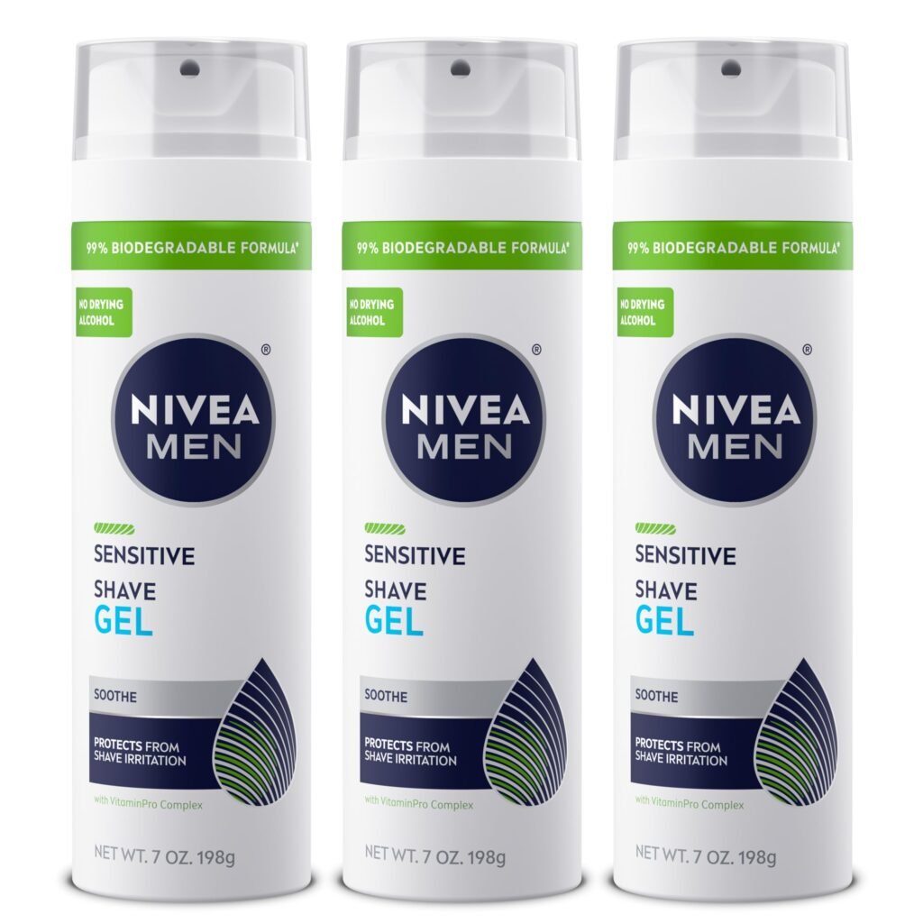 NIVEA MEN Sensitive Shave Gel, Shaving Gel for Men with Sensitive Skin, Enriched with VitaminPro Complex, 7 Oz Can, Pack of 3