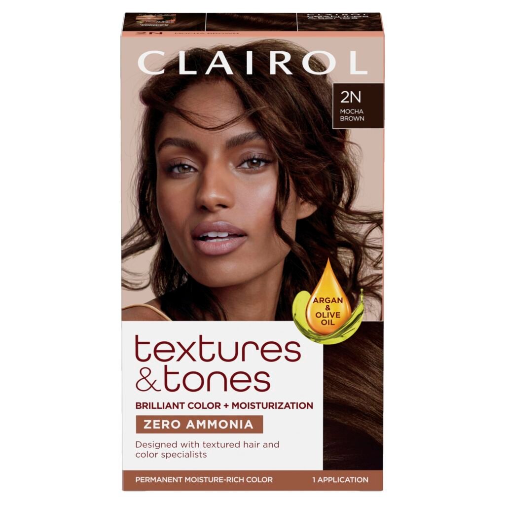 Clairol Textures & Tones Permanent Hair Dye, 2N Mocha Brown Hair Color | Ammonia-Free | Moisture-Rich Formula with Argan, and Olive Oil for Brilliant Shine | Pack of 1