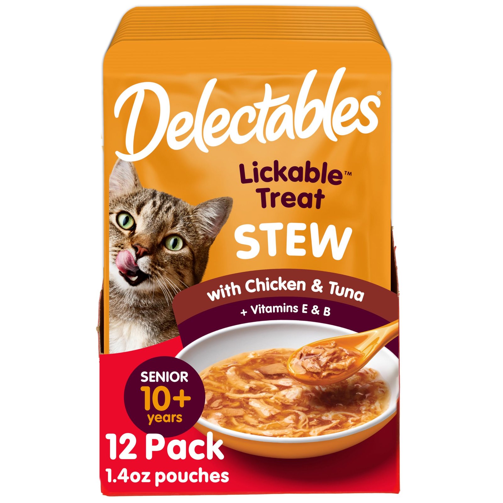 Delectables Lickable Treat Stew Senior 10+ Wet Cat Treat with Real Chicken & Tuna Food Topper - 1.4oz | Pack of 12