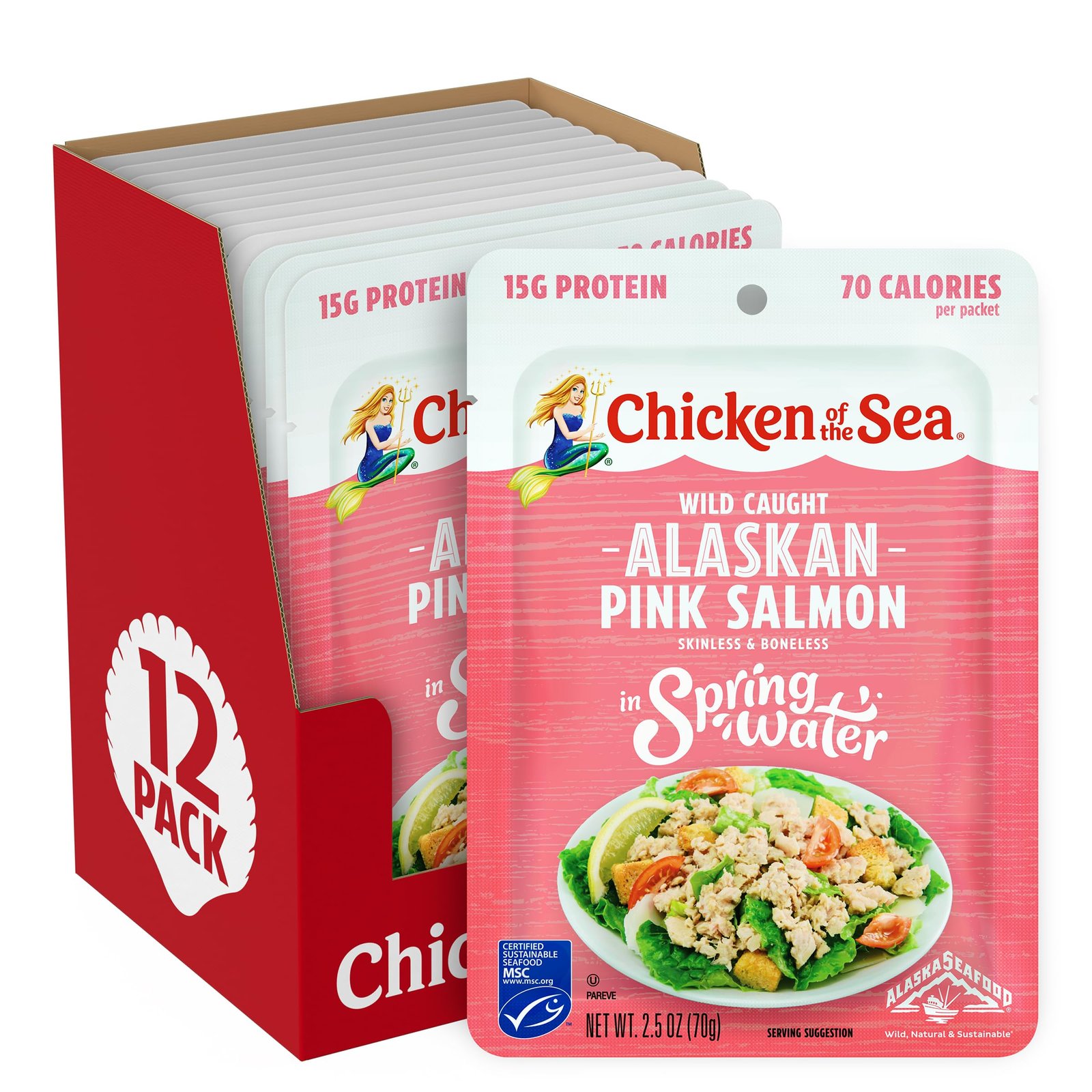 Alaskan Pink Salmon in Spring Water, 2.5 oz Packets, Box of 12