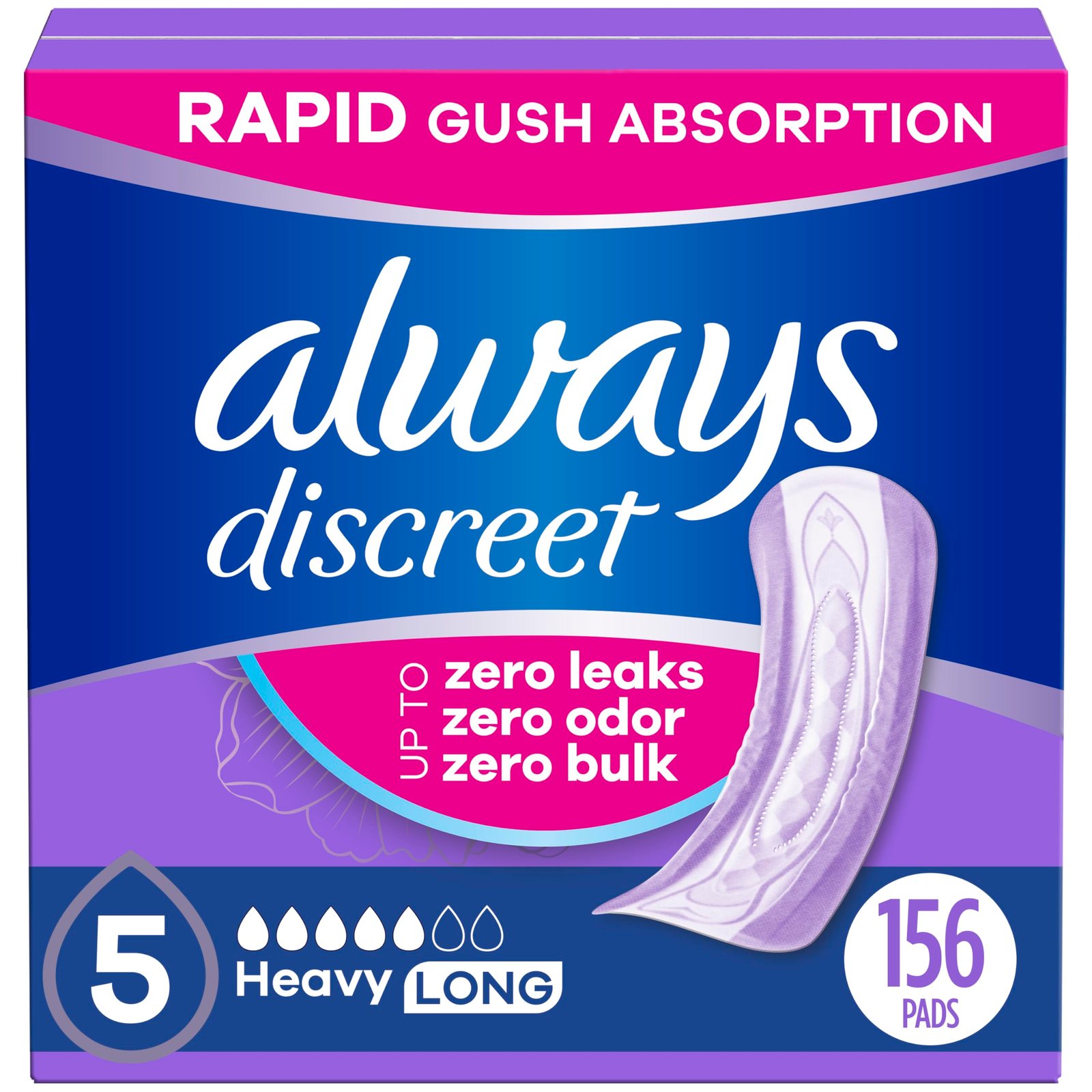 Always Discreet Adult Incontinence Pads for Women, Drier, 5 Drop Long Length, Heavy Absorbency, Pads for Bladder Control Management, Bladder Leaks, & Postpartum Pads, 156ct