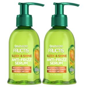 Fructis Sleek & Shine Anti-Frizz Serum, Leave-In Hair Treatment with Vegan Kera System + Argan Oil, Up to 72HR Frizz Control and Humidity Protection, For Frizzy, Dry Hair, 5.1 Fl Oz (2 Pack)