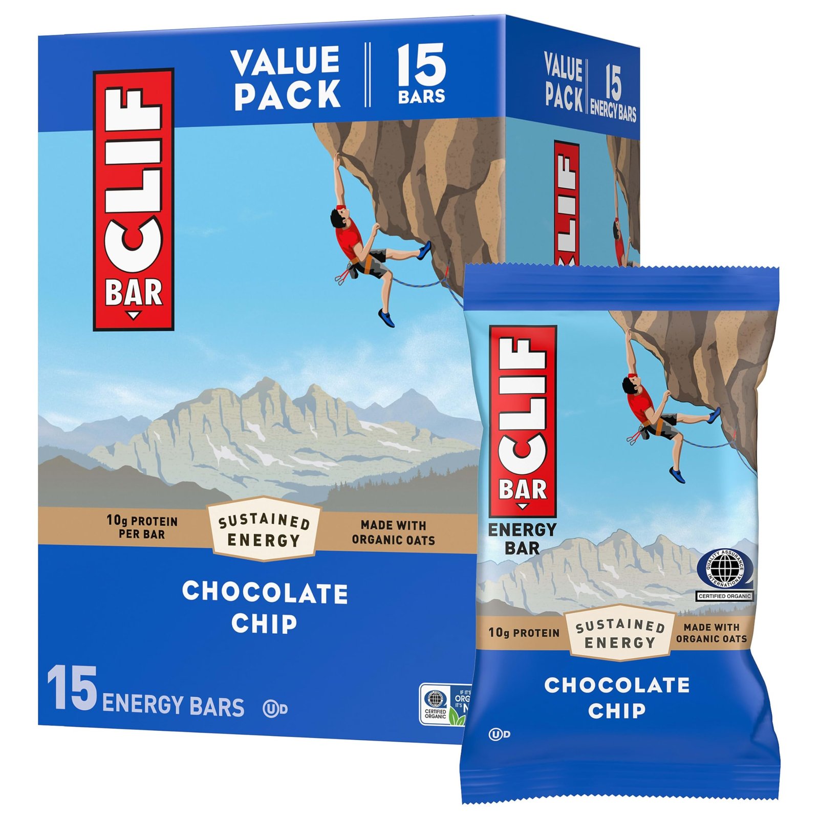 CLIF BAR - Energy Protein Bars - Chocolate Chip - Made with Organic Oats - Energy Bars - Non-GMO, 15 Pack