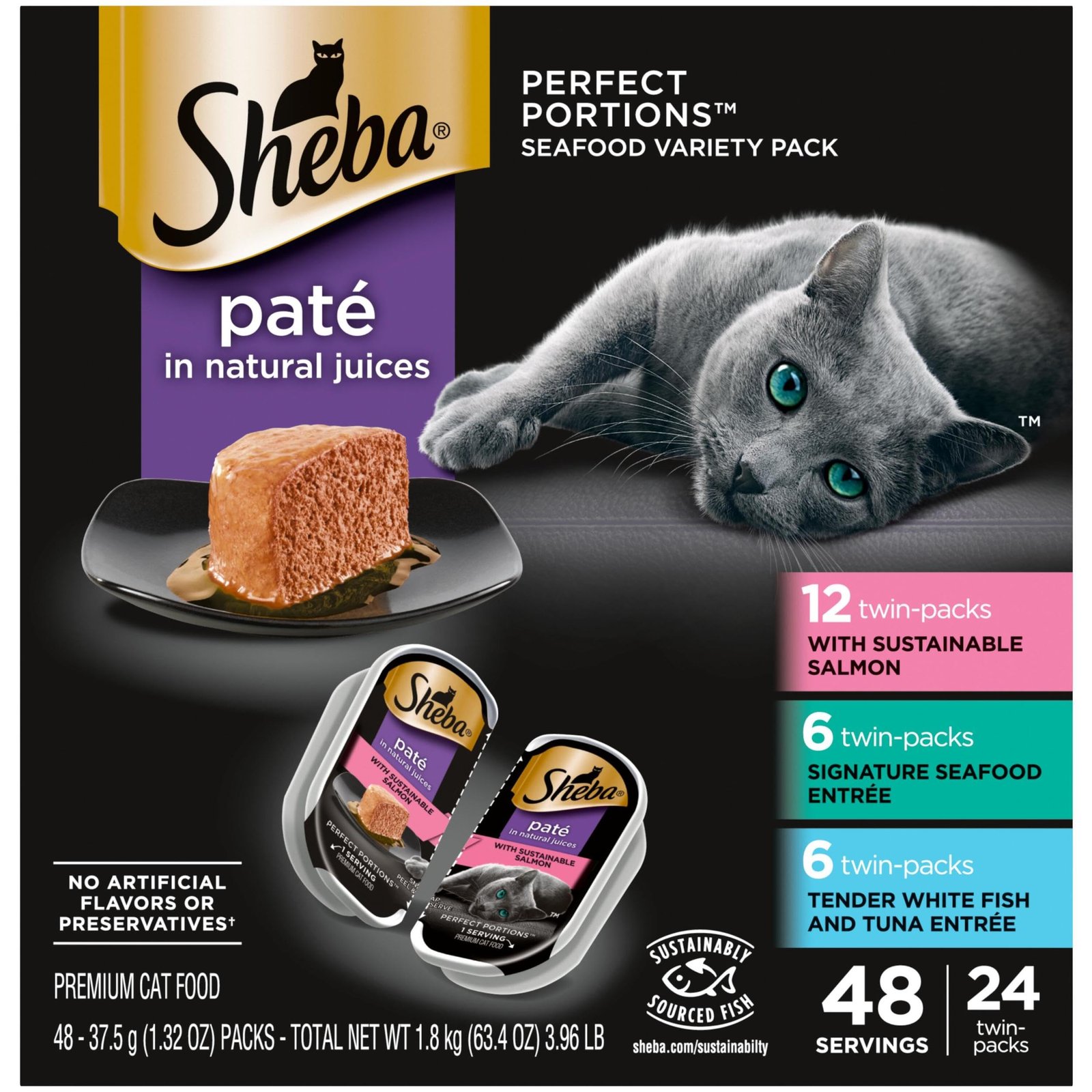 Sheba Perfect Portions Wet Cat Food Pate with Sustainable Salmon Signature Seafood Entree and Tender White - 2.6 oz | Pack of 24